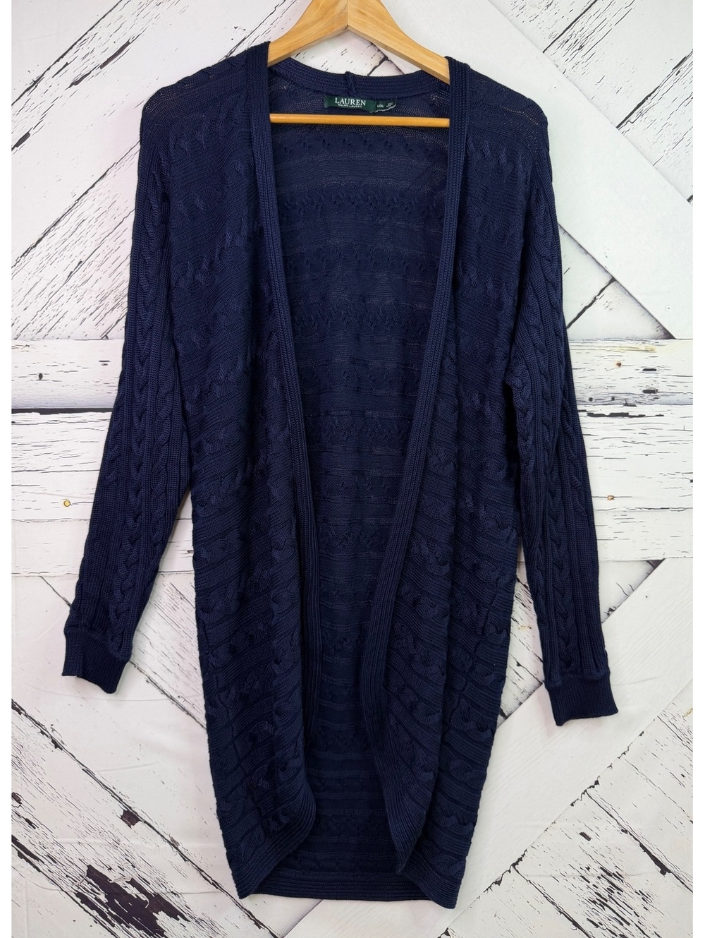 VTG Style Ralph Lauren Coastal Cozy Luxury Navy Cable Knit Longline  Cardigan